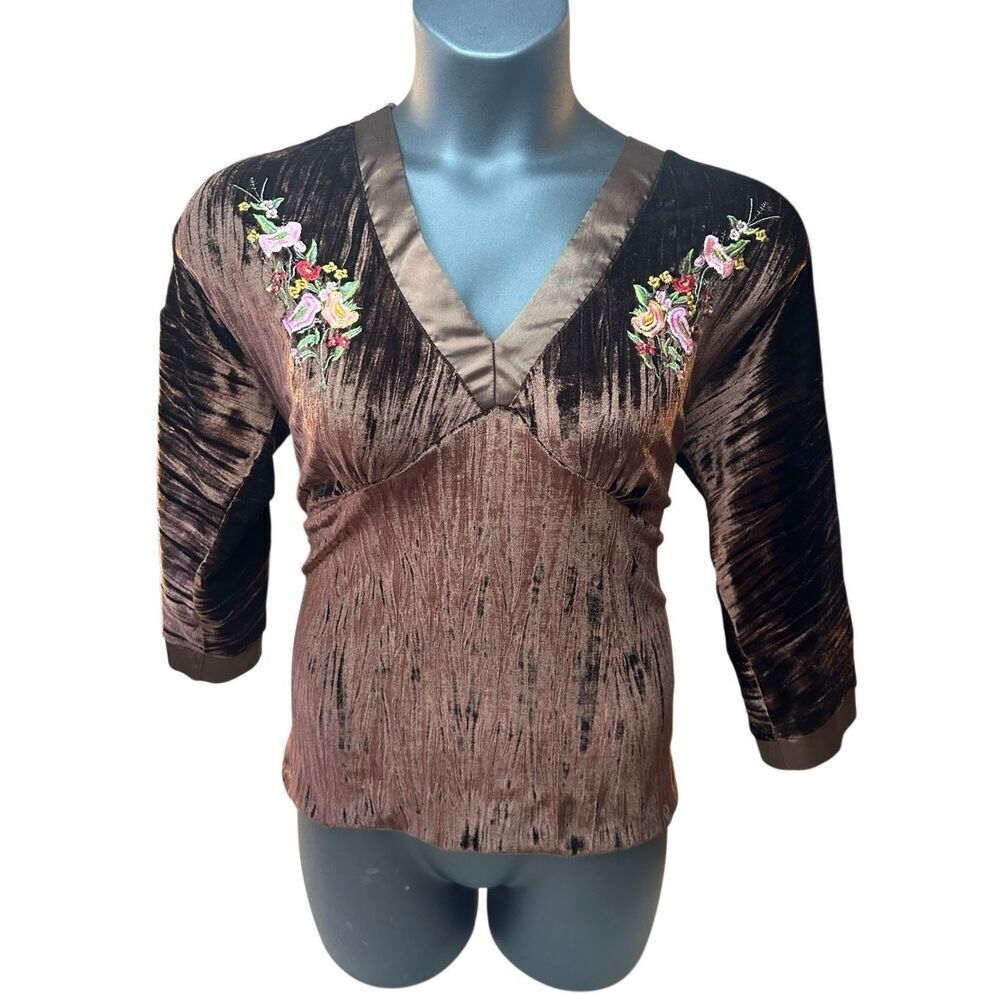 K. Jordan Women's Brown Embroidered Floral Velvet V-Neck Top Blouse Size Medium